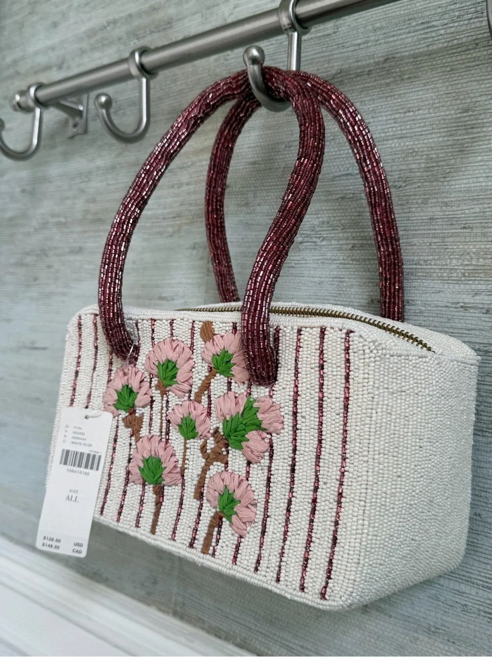 NWT new Anthropologie beaded box shaped bag purse floral cream burgundy stripe